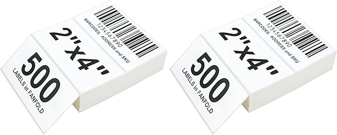 L LIKED 4" X 2" Fanfold Direct Thermal Labels - 500 Total UPC and Shipping Labels Permanent Adhesive Compatible with Zebra, Munbyn, and Rollo Thermal Printers (Pack of 2)