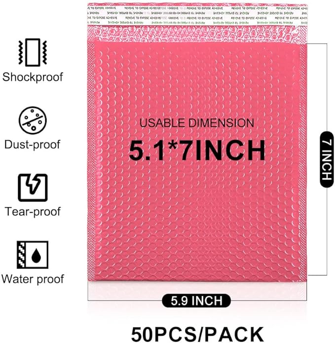 Koja 5 X 8.6” Padded Bubble Mailers 50-Pack. Quality Mailing and Shipping Envelopes and Bags with 5 X 7" Usable Size. Extra-thick Padding. Fast and Easy Self-seal Envelope. (Pink)