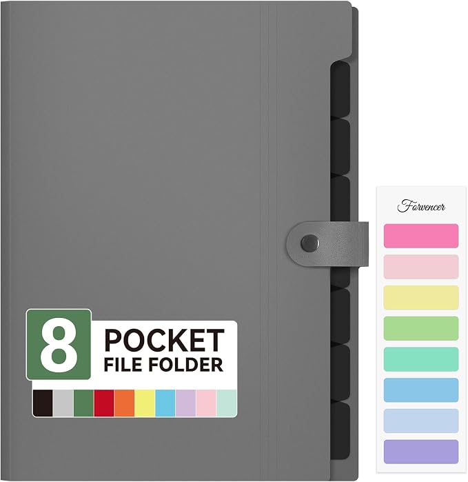 Forvencer Expanding File Folder 8 Pocket, Accordion File Organizer, Letter | Portable Folders for Documents, Cute Paper Organizer, Filling Products for School Office Supplies, A4 Size, Gray