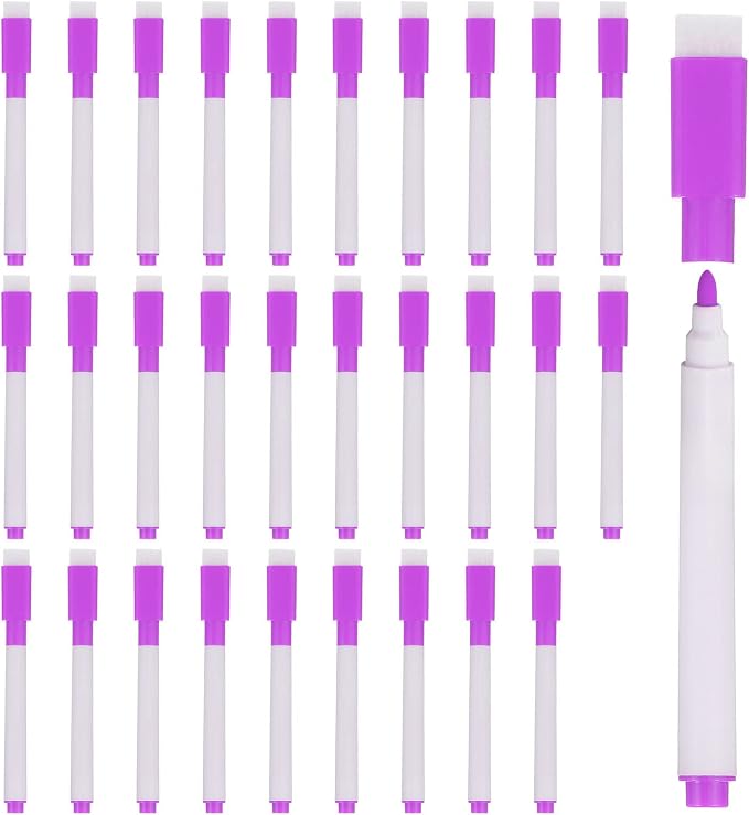PATIKIL Dry Erase Marker Pens Purple Ink Point with Eraser Cap 30Pcs | Marker Pens with Eraser Cap for Office Home Classroom, White Pen Rod