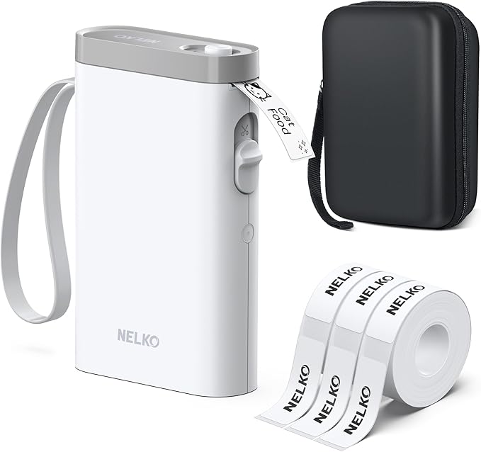 Nelko Label Maker Machine, P21 Label Printer with 3 Tapes & Case, White | Creative App & Multiple Templates, Inkless Printing, Built-in Cutter, Ideal for School, Teacher Supplies, Office, and Home