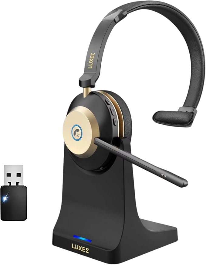 LUXEE Bluetooth Wireless Headset with Microphone for Work - Single Ear Computer Headset with USB Dongle & Charging Base, Noise Canceling Office Headset for Laptop, Zoom, Audifonos con Microfono