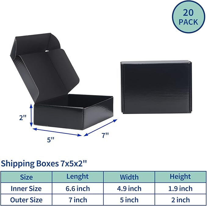 Rempry 7x5x2 Inches Black Shipping Boxes Pack of 20, Small Cardboard Corrugated Mailer Gift Box for Shipping Packaging Small Business
