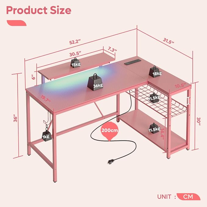Bestier 52-Inch L-Shaped Gaming Desk with Charging & LED, Pink | Charging 3AC+2USB, RGB LED 20 Colors/22 Modes, Reversible Storage Shelves, Carbon Fiber Texture, Headphone Hook, 52 in