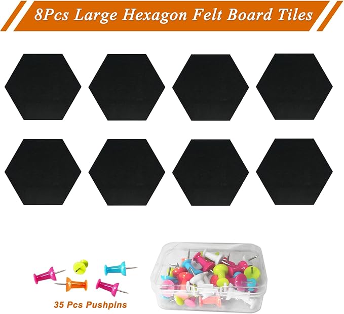 Large Hexagon Felt Cork Board Tiles, Self Adhesive DIY Felt Bulletin Board Pin Board with 35 Pushpins for Office School Home Wall Decor Stickers Memos Photos Display(Black)