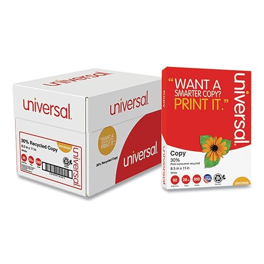 Universal 30% Recycled Copy Paper, 92 Bright, 20 lb Bond Weight, 8.5 x 11, White, 500 Sheets/Ream, 5 Reams/Carton