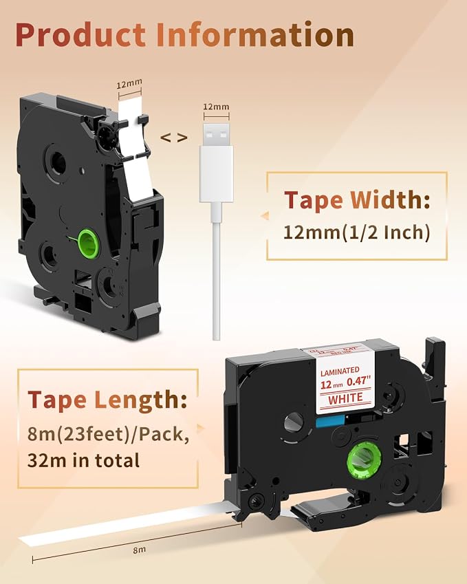 Compatible Label Tape Replacement for TZe-232 Red on White P-Touch | Label Tape TZe232 12mm 0.47 Inch x 26.2 Feet TZ Laminated Replace for Brother Label Maker PT D210 H110 D600 1230PC, 4 Pack