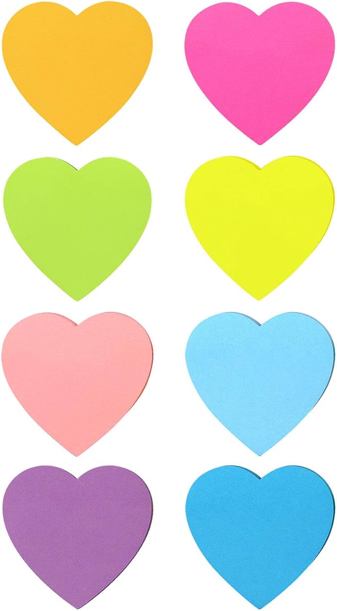 SIMONA Heart Shape Sticky Notes 3x3 in 8 Color Bright Colorful Sticky Pad | Heart Self-Sticky Note Pads, Cute Bright Color 8 Pads, 600 Sheets, Strong Adhesive Sticky Notes for Office, School, Family