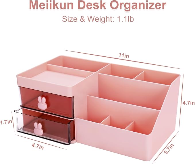 Meiikun Desk Organizer, Makeup Organizer with 2 Drawers, 7 Compartment & a Top Tray, Desktop Organizers and Storage for Women, Cute Home organization Bathroom, 11" x 5.7" x 4.7" (Pink)