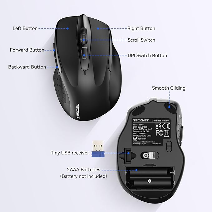 TECKNET Wireless Mouse for Laptop, Silent Mouse Quiet Click, Computer Mice Wireless, 6 Adjustable 4000 DPI Computer Mice