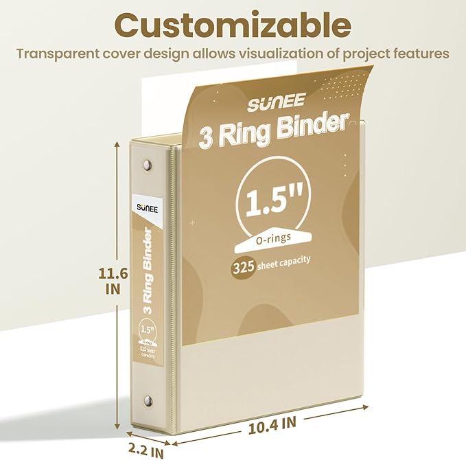 SUNEE 3 Ring Binder 1.5 Inch 4 Pack, Clear 1 1/2 Inch View Binder Three Ring PVC-Free (Fit 8.5x11 Inches) for School or Office Supplies, Neutral Aesthetic