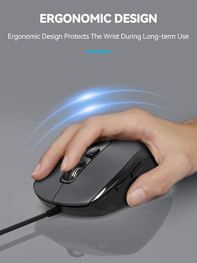 TECKNET Computer Wired Mouse, USB Mice for Laptop with 6-Button, 3600DPI Optical PC Wired Mouse, Home and Office 5FT USB-A Corded Comfortable Mice, Plug & Play, NO Battery Required- Light Grey