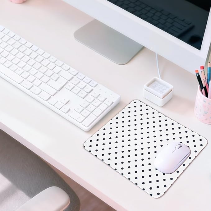 Mouse Pad for Desk with Stitched Edge, Premium Cute Washable Mouse Pads. Computer Mousepad with Non-Slip Rubber Base, Mousepads for Laptop, 9.25x7.75x0.12 inch (Black Polka Dots)