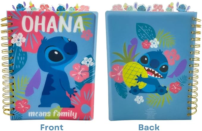 Disney Stitch Tab Journal Notebook "Ohana" Spiral Bound, 144 Lined Pages, 8 x 7 inches, Blue