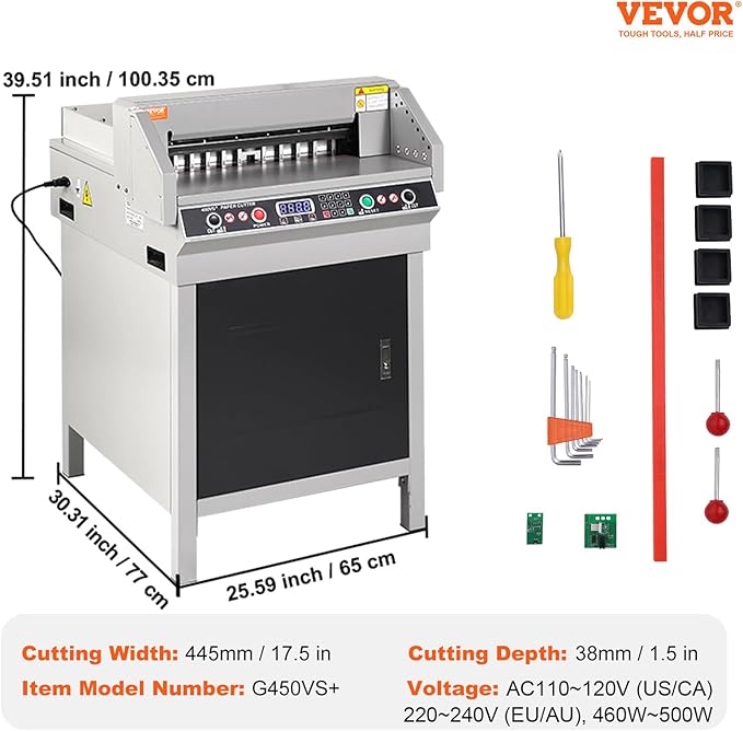 VEVOR Electric Hydraulic Paper Cutter, Heavy Duty Paper Cutter Machine, 1.57 in / 40 mm Cutting Thickness, 18 in / 457.2 mm Cutting Width, Industrial Paper Trimmer with Button Control
