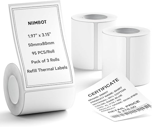 NIIMBOT 3 Rolls Set Label Tape for B1/B21/B3S Label Printer, 1.97" x 3.15" (50x80mm) Waterproof Thermal Label Tape for Product Info/Address/Barcode/Price (White)
