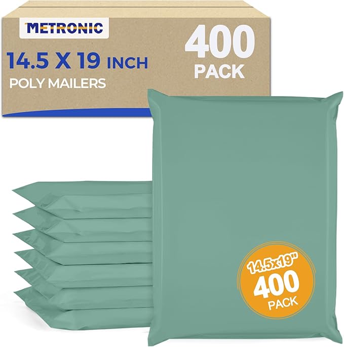 Metronic Poly Mailers 14.5x19 400 Pack, Heavy Duty Shipping Bags Bulk Self Seal Waterproof Tear Resistant Large Mailing Envelopes, Packaging bags for Small Business, Clothing, Grayed Jade Green