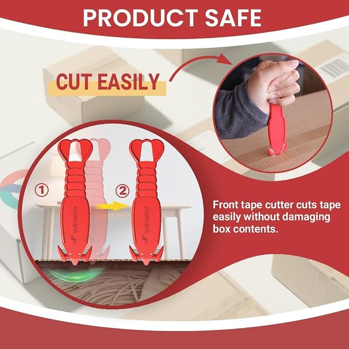 Safety Box Cutter Knife, Recessed SK-2 Blade, 6-Pack Red | Mini package opener tool, finger-safe hidden knife, built-in tape splitter for cardboard & shrink wrap, ambidextrous grip.