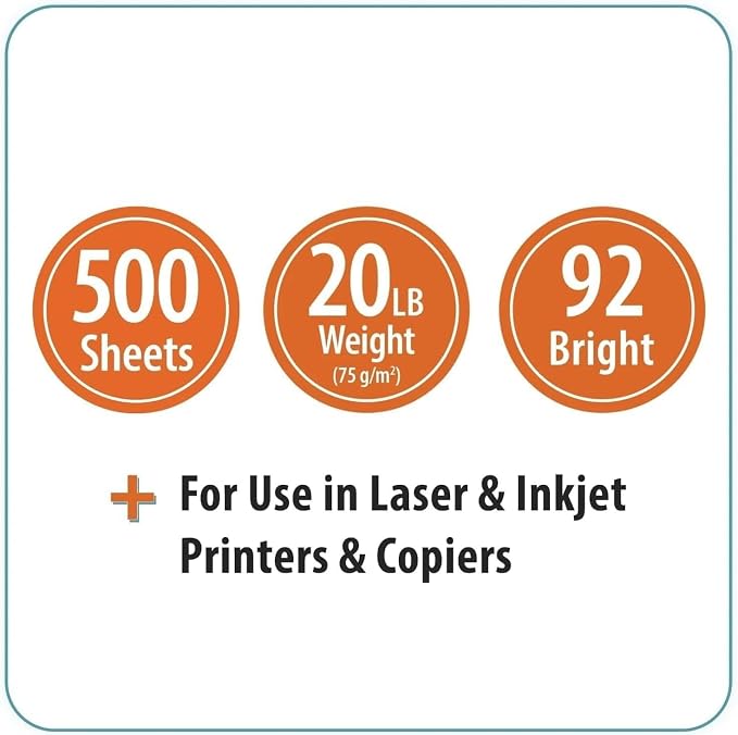 Copy Paper, 8.5" x 11", 20 lb., 92 Bright, White, 1 Ream, 500 Sheets | 1 Ream, Letter Size, 20 lb. Bond Weight, 92 Brightness, 500 Sheets per Ream