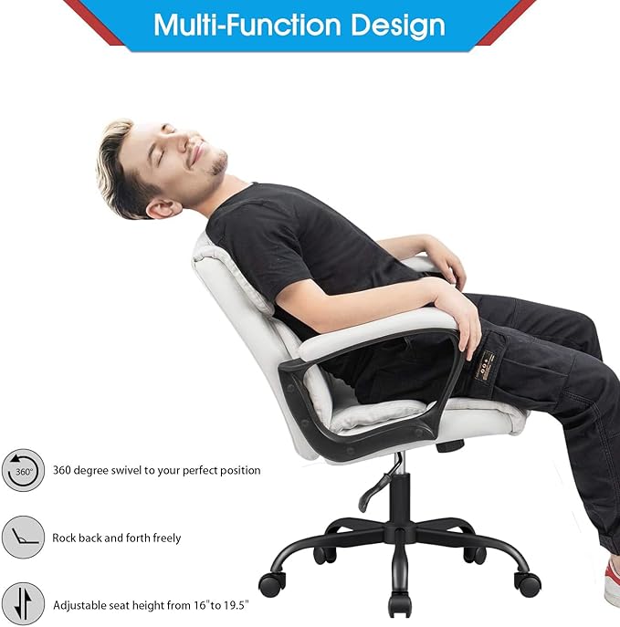 Furmax Mid Back Executive Office Chair Swivel Computer Task Chair with Armrests,Ergonomic Leather-Padded Desk Chair with Lumbar Support(White)