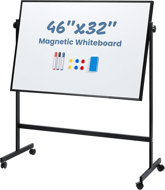 OLIXIS Magnetic Whiteboard with Wheels 46" x 32", Dry Erase Board with Adjustable Rolling Stand, Heavy-Duty Aluminum Frame & Accessory Tray for Office, Classroom, Home & Presentations, Black