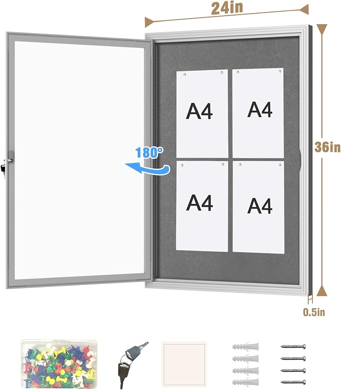 Mifuro 36"x24" Enclosed Bulletin Board, Outdoor Lockable Weather-Resistant Aluminum Cork Noticeboard for School & Office, Silver Frame w/Grey Flet
