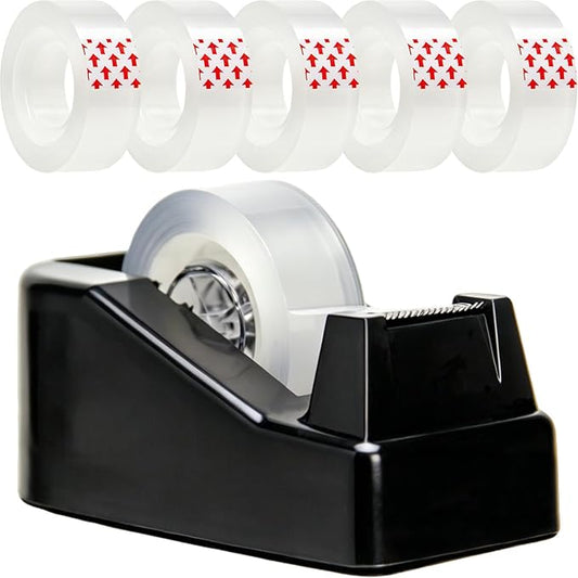 Tape Dispenser Desk,Desktop Tape Dispenser, Tape Dispenser with Weighted Non-Skid Base, Includes 6 Rolls Transparent Tape (0.71" x 1000"),Heavy Duty Tape Holder for Office, Home, School(Black)