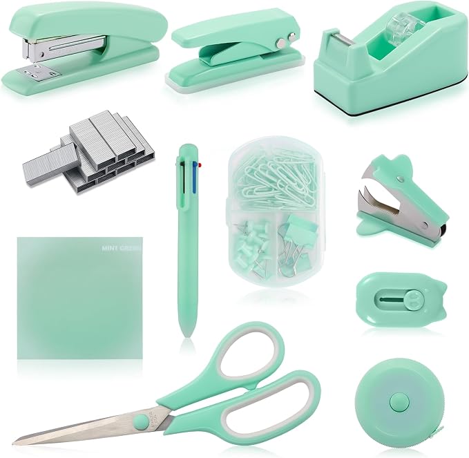 Green Desk Accessory Kit Cute Office Supplies Set Desktop Stapler Set Includes Staple Remover Hole Punch Tape Dispenser Ballpoint Pen Scissor Mini Box Cutter Tape Measure Paper Clips Sticky Notes
