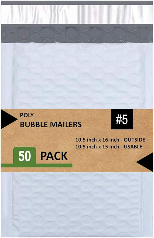 #5 Poly Bubble Mailers 10.5X16 Inches Padded Envelope Mailer Waterproof Pack of 50, white, 10.5x16 Pack of 50 PBM10516-50