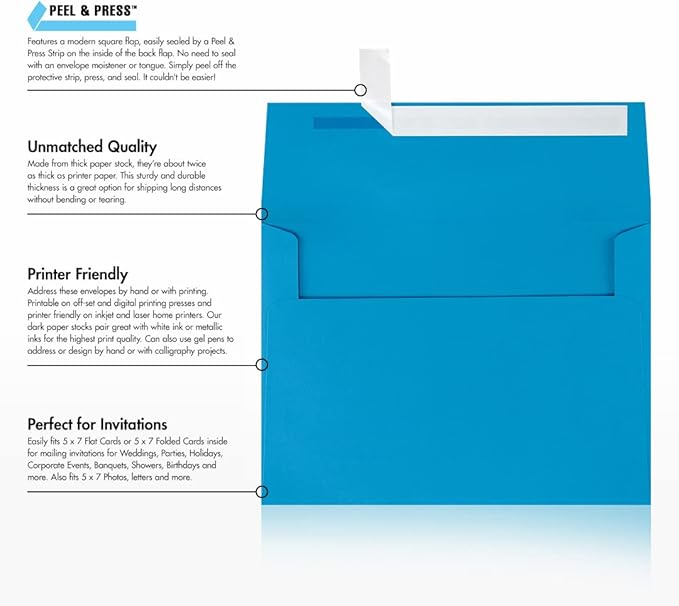 LUXPaper A7 Invitation Envelopes | Peel & Press | 5 1/4" x 7 1/4" | Pool Blue | 80lb. Text | 1,000 Qty