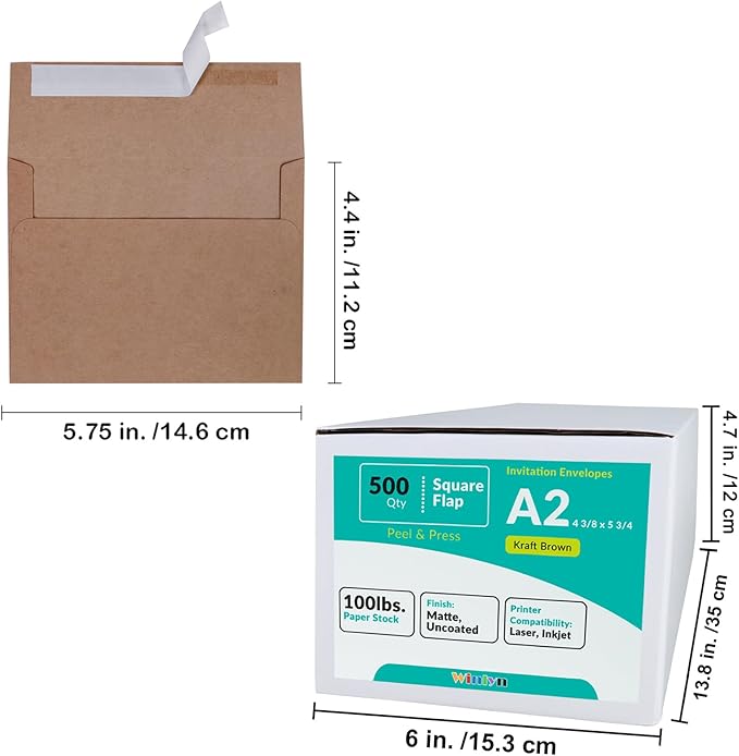 500 Pcs A2 Invitation Envelopes in Kraft Brown Peel & Press Self Seal 4 3/8 x 5 3/4 Square Flap Envelopes RSVP Return Envelopes 100lb. for Announcement Mailing 4x5 Greeting Cards Photo 1/4 Fold Cards