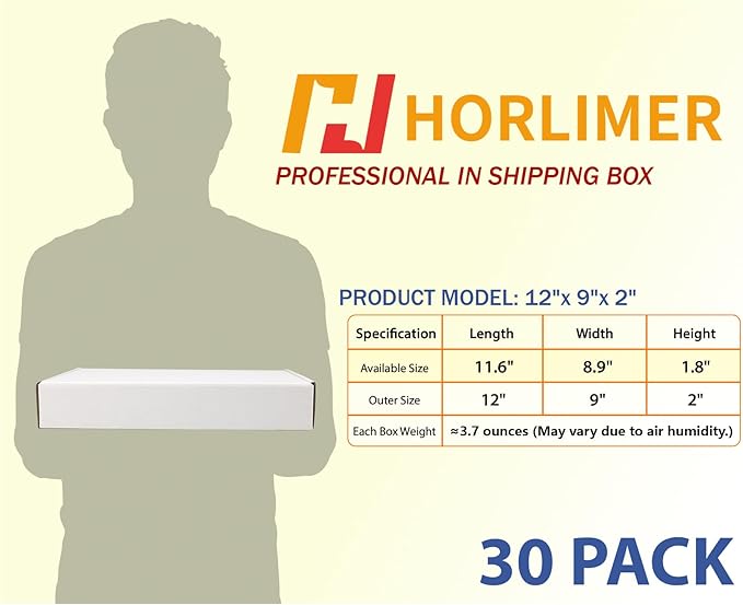 HORLIMER 12x9x2 Shipping Boxes Set of 30, White Corrugated Cardboard Mailer Box for Packing Small Business