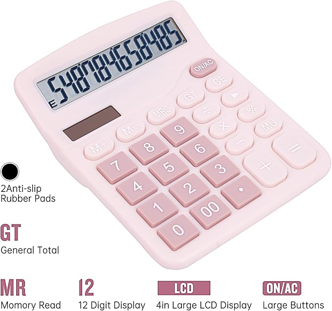 Cute Pink Desktop Calculator with Big Buttons, Dual Power Source, Solar and Battery, Large Display Screen - Perfect for Office, Teachers, and Students (Pink)