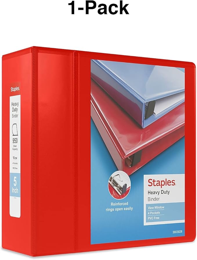 Staples Heavy-Duty 5-Inch D-Ring View Binder, Extra Large Capacity Holds Up to 1,000 Sheets, Red, for Office & Archiving