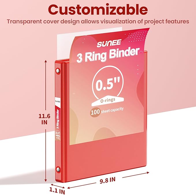 SUNEE 1/2 Inch Binders 3 Ring 6 Pack, 3 Ring Binders Half Inch Clear View PVC-Free (Fit 8.5x11 Inches) for School Binder or Office Binder Supplies, Classic 6 Colors