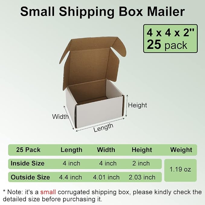 4x4x2'' Small Shipping Boxes 25 Pack, White Corrugated Cardboard Literature Mailers, Mailing Packaging Supplies for Small Business (W442-25)
