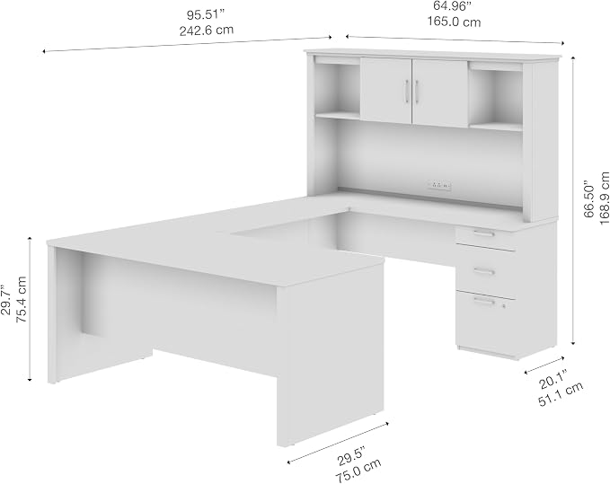 Bestar U or L Shaped Desk with Hutch and Drawers, Bark Grey, Logan, 66W | With Drawers and Hutch; The Bestar Logan U or L Shaped Desk with Drawers and Hutch offers a customizable solution