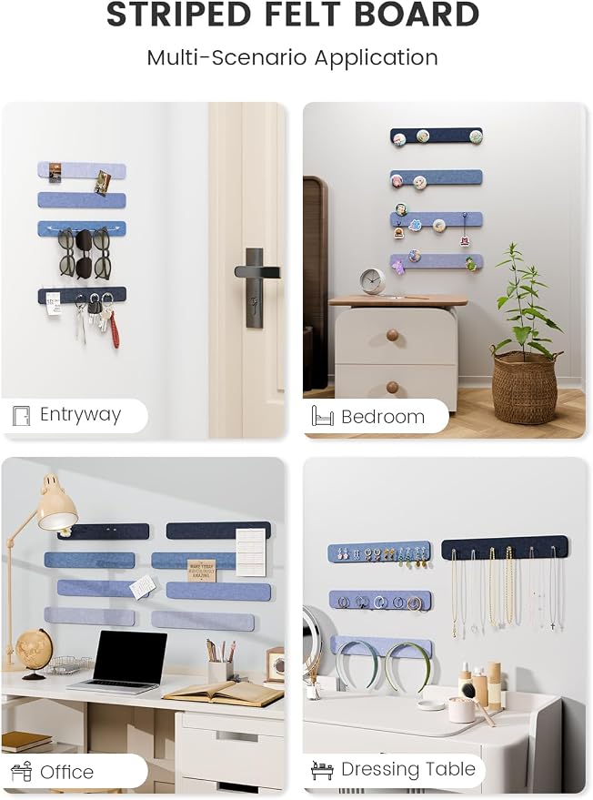 Fluxynara 13" x 2" Felt Wall Panels, Denim Mist | 8-Pack Includes 50 Push Pins and Adhesive Tabs for Photos, Notes and Decor in Bedroom Doors, Home Office or Studios