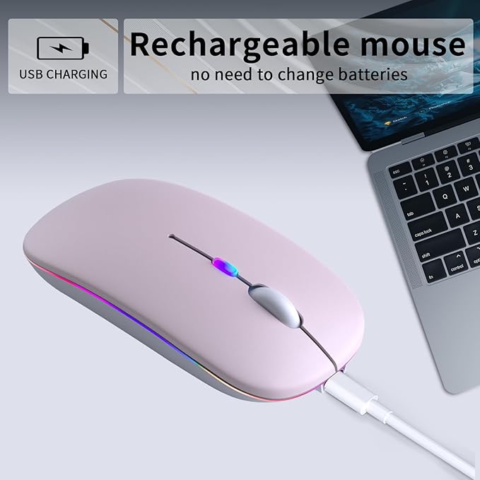 Wireless Bluetooth Mouse – Rechargeable, Silent, Dual Mode (Bluetooth 5.2 & USB) with LED Lights – Portable for Laptop, Desktop, & Tablet(Pink)