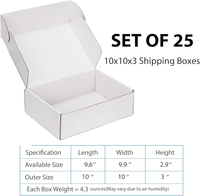 Small Shipping Boxes 10x10x3 Inch (25 Pack) - Sturdy White Corrugated Cardboard Boxes for Small Business, Ecommerce, Mailing & Packaging | Recyclable Gift & Storage Boxes