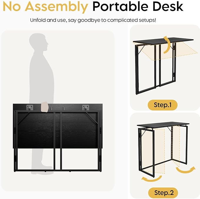 Folding Desk - 39.4” Wood Top Foldable Desk for Small Spaces | No Assembly Required Compact Desk for Home Office, Writing, and Study