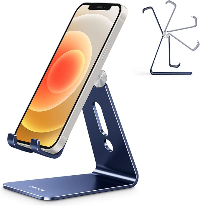 OMOTON C2 Adjustable Cell Phone Stand with Charging Cutout, Navy Blue | Sturdy 3mm Aluminum, Charging Port, 270° Adjustable, Non-Slip Silicone Pads, Works with Thick Cases, for All Smartphones