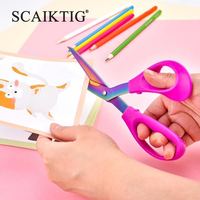 SCAIKTIG 8.5“ Bent Fabric Scissors All Purpose Sharp Heavy Duty, Bent Shears for Sewing Crafting Cutting Clothes, Felt, Leather, Paper Supplies, Pink Handle, Titanium Coating Blades
