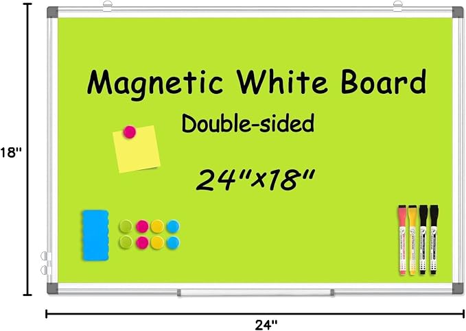 Double-Sided White Board Dry Erase Magnetic Whiteboard Wall 24x18 Green | Smooth Write & Clean, Durable 11-Layer, Aluminum Frame, Easy Wall Mount & Hanging, Full Kit for Home, Office, School