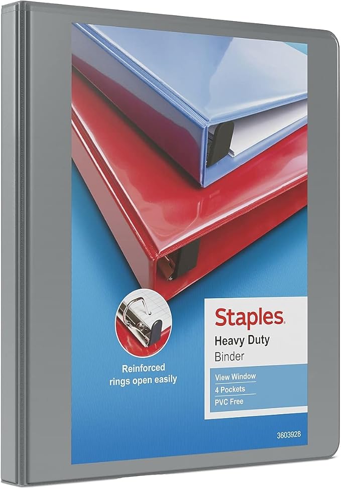 Staples Heavy-Duty 0.5-Inch D-Ring View Binder, Reinforced Spine, Holds Up to 100 Sheets, Gray, Slim Binder for Office & School