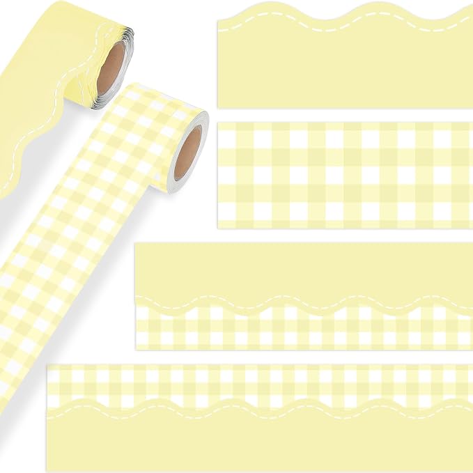 2 Rolls 65.6ft Marcaron Yellow Gingham Bulletin Board Borders Decoration Yellow Checkered and Straight Edge Bulletin Borders Board Trim for Office School Classroom Chalkboard Party Decoration