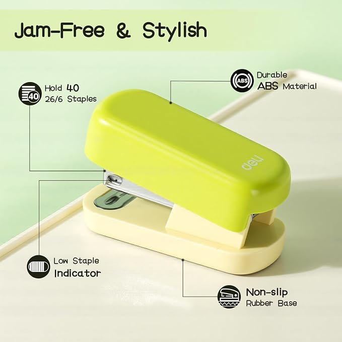 Deli Mini Stapler with 830 Staples, Small Cute Desk Staplers, 25 Sheet Capacity, Green