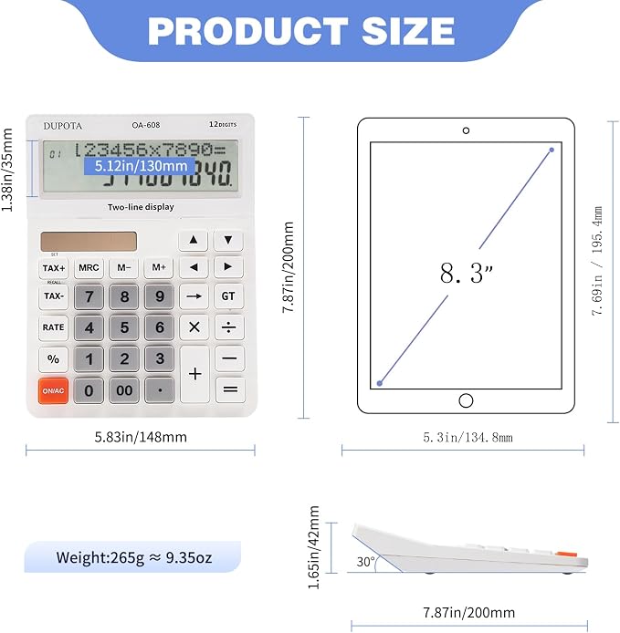 Desktop Calculator Large Display Big Buttons with 12 Digits 2-line | Solar Power and Battery, Accounting Calculator with Tax and Check Function for Office, Home and Business (OA-608)