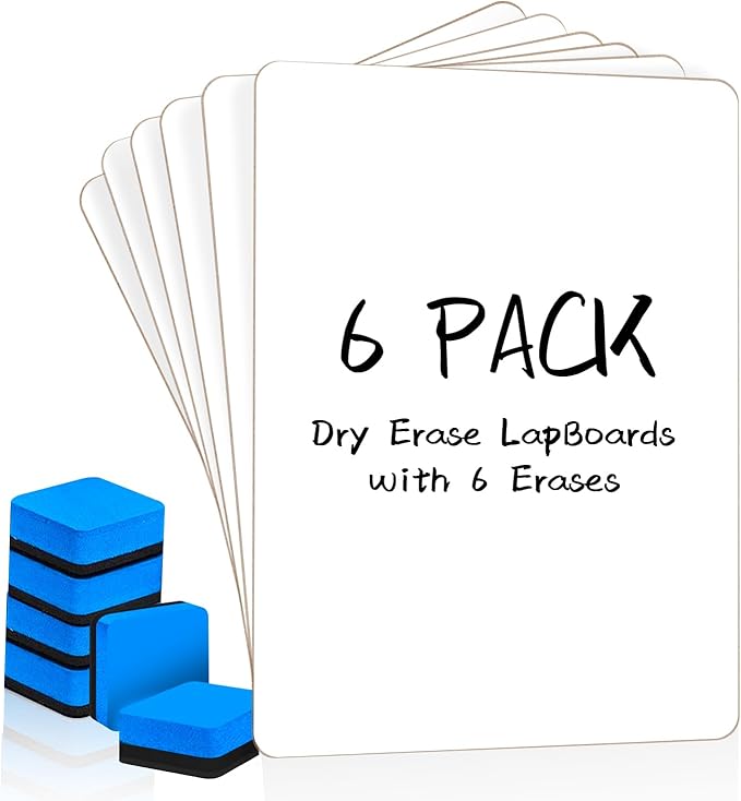 6 Pack Double Sided Dry Erase Boards with 6 Erasers, 12.5 x 9 Inch | Double-Sided Reusable Small White Board, Smooth Writing & Wipe-Clean Design, Portable Study Whiteboard