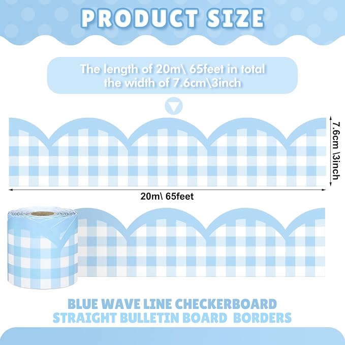 Zonon 65ft Blue Gingham Bulletin Board Border Pastel Scalloped Bulletin Board Trim Back to School Classrooms Decoration for Party Whiteboard, Walls, Desks, Windows, Doors, Lockers (3 Inches)